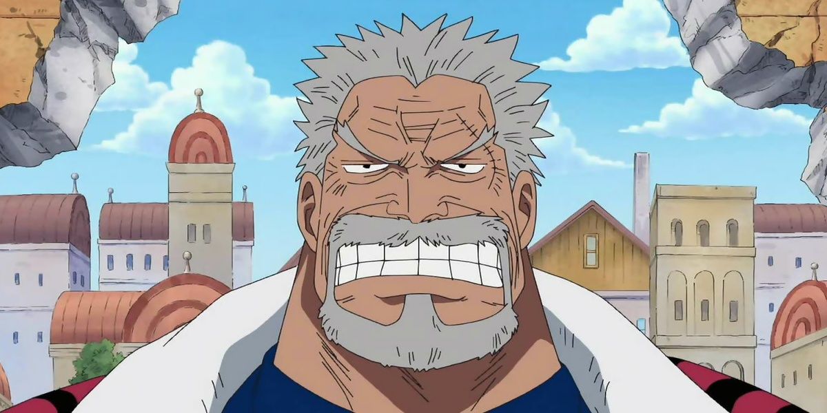 Monkey D. Garp gritting his teeth with a city background