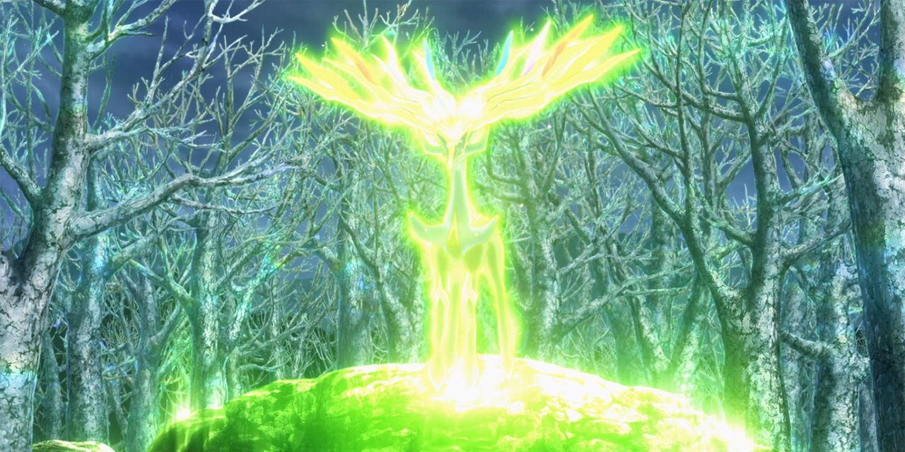The pokemon Xerneas glowing with green energy using Geomancy