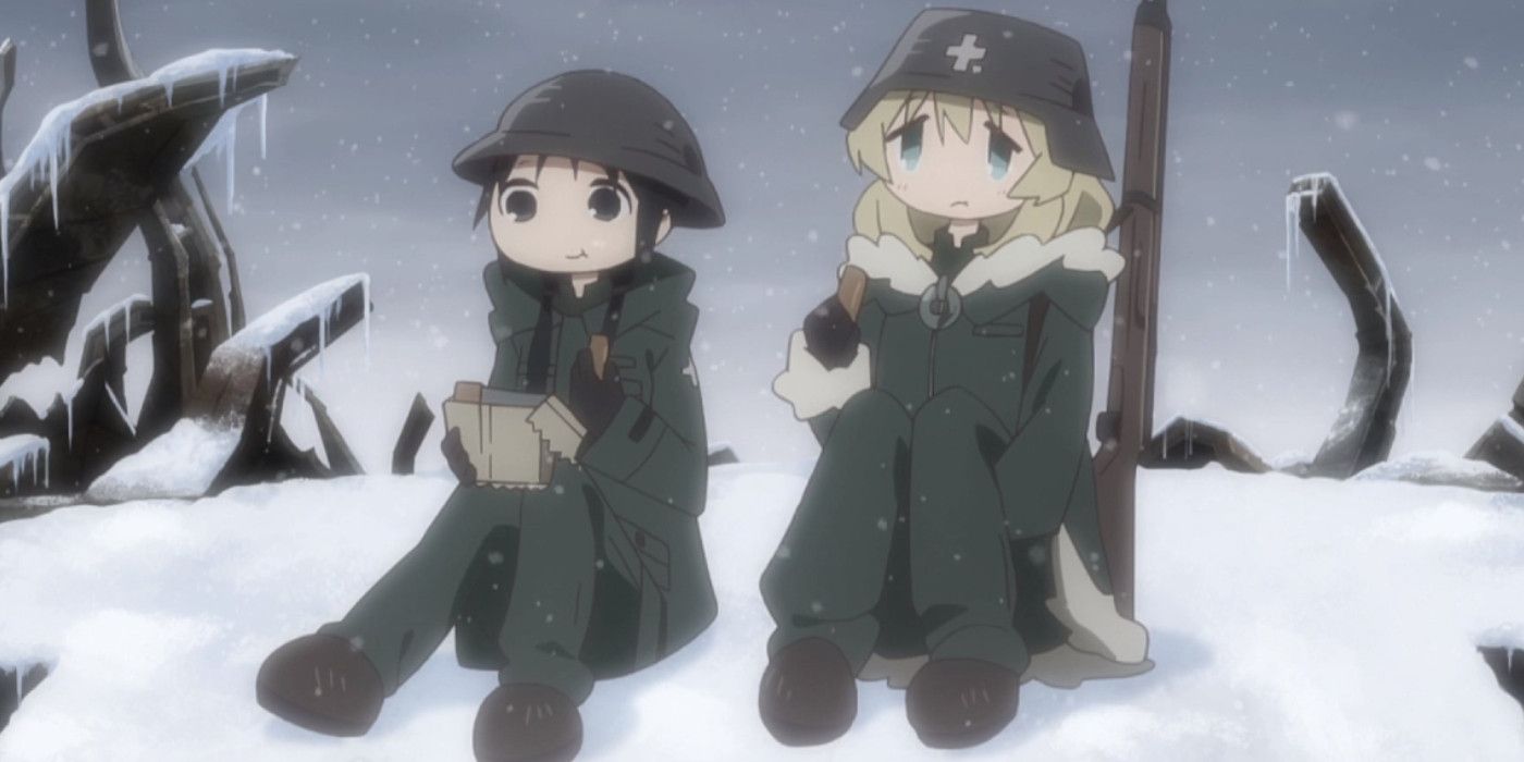Chito and Yuuri of 'Girls Last Tour' pause in snow for a snack.