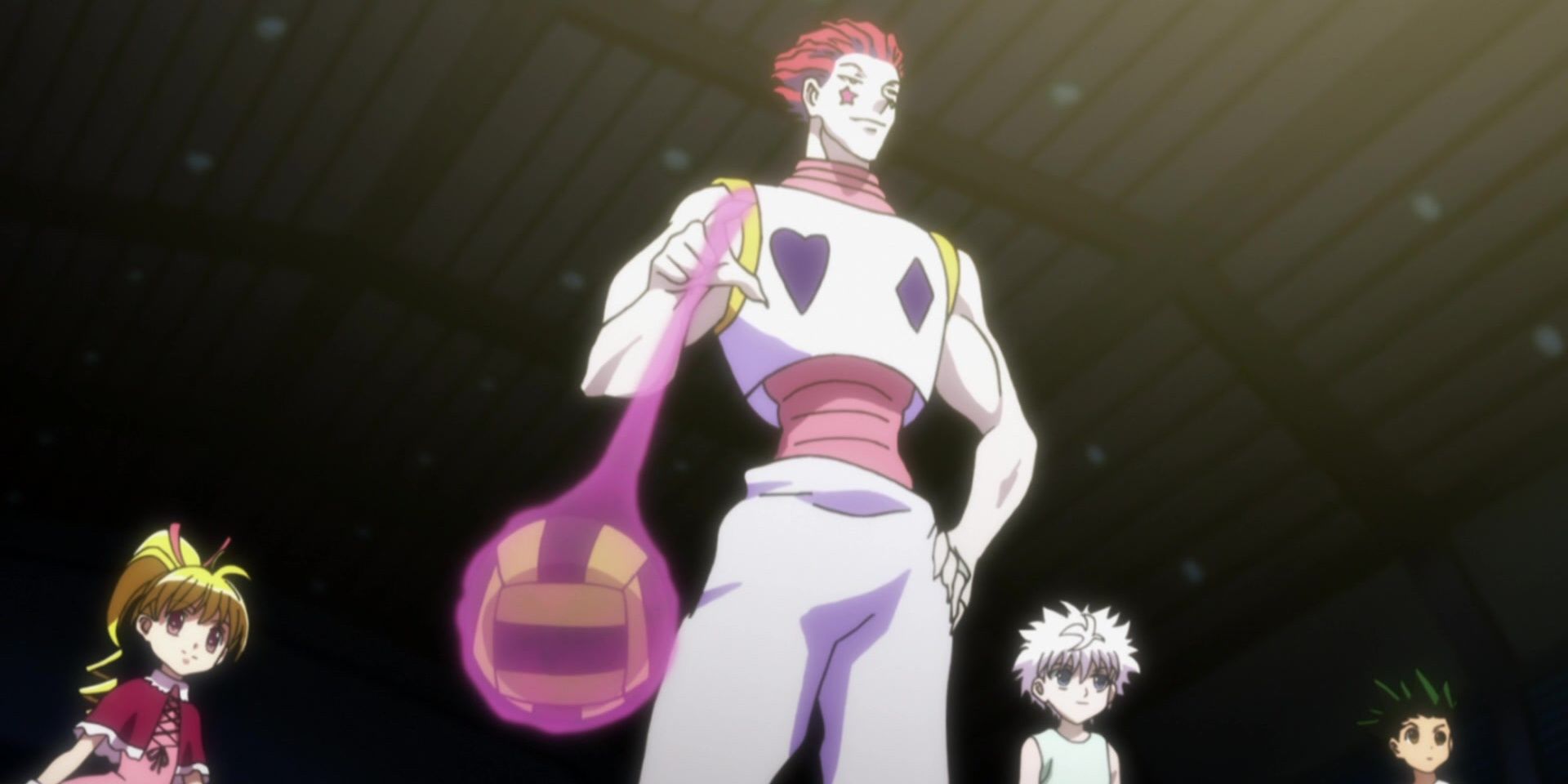 Killua, Gon, Hisoka, and Biscuit at the Greed Island Dodgeball Match in Hunter x Hunter.