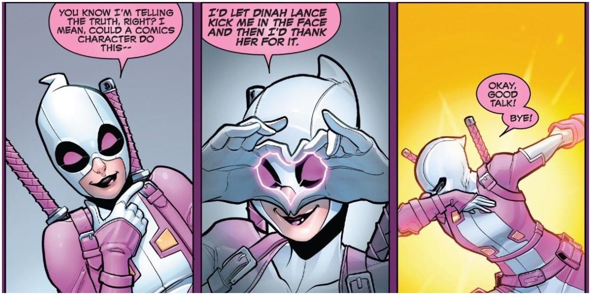 Gwenpool breaking the fourth wall and talking about DC heroes