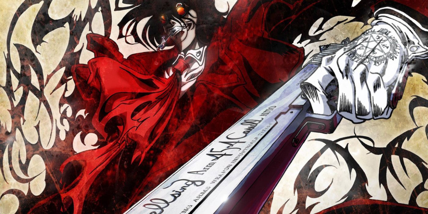 Alucard grinning madly and brandishing his gun in Hellsing Ultimate promo image.
