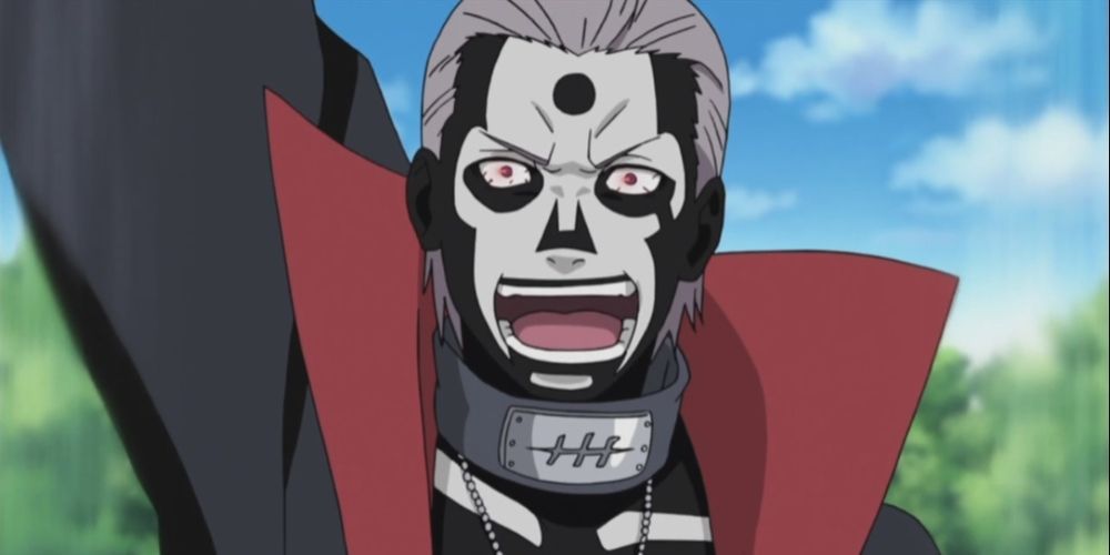 Hidan laughing as he tries to hurt Azuma in Naruto.