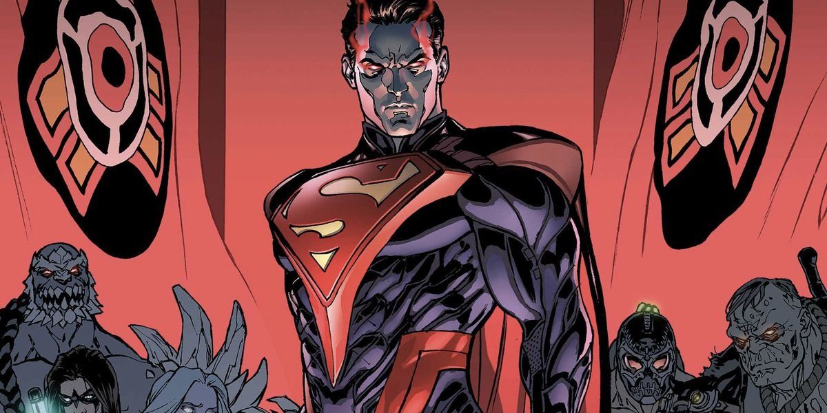 Evil Superman flanked by his metahuman supporters in DC Comics' Injustice