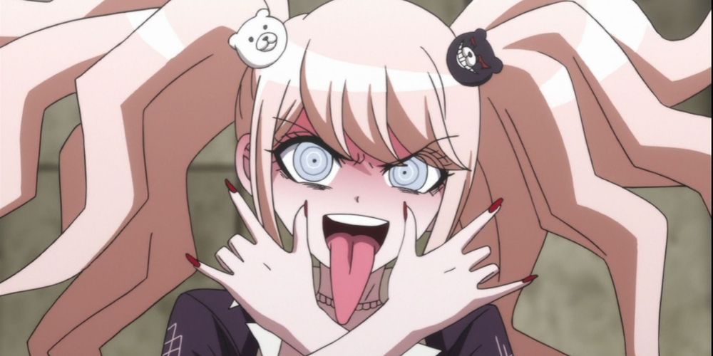 Junko Enoshima from Danganronpa the Animation sticking her tongue out.