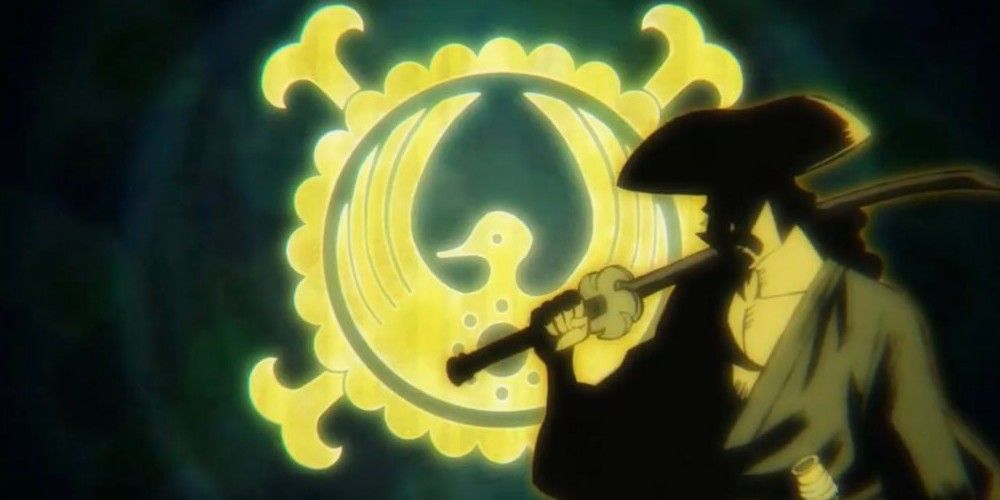 Oden Kōzuki holding a weapon in front of a yellow bird symbol in One Piece.