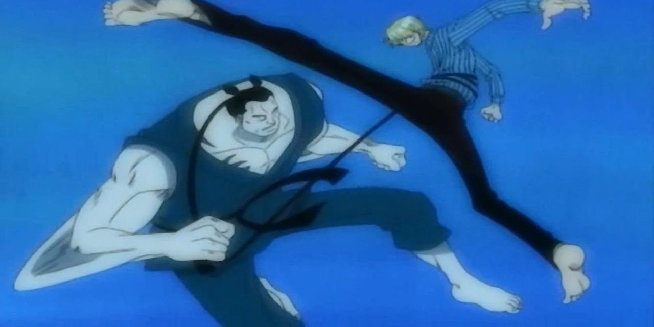 Sanji tries to kick kuroobi while under water in One Piece.