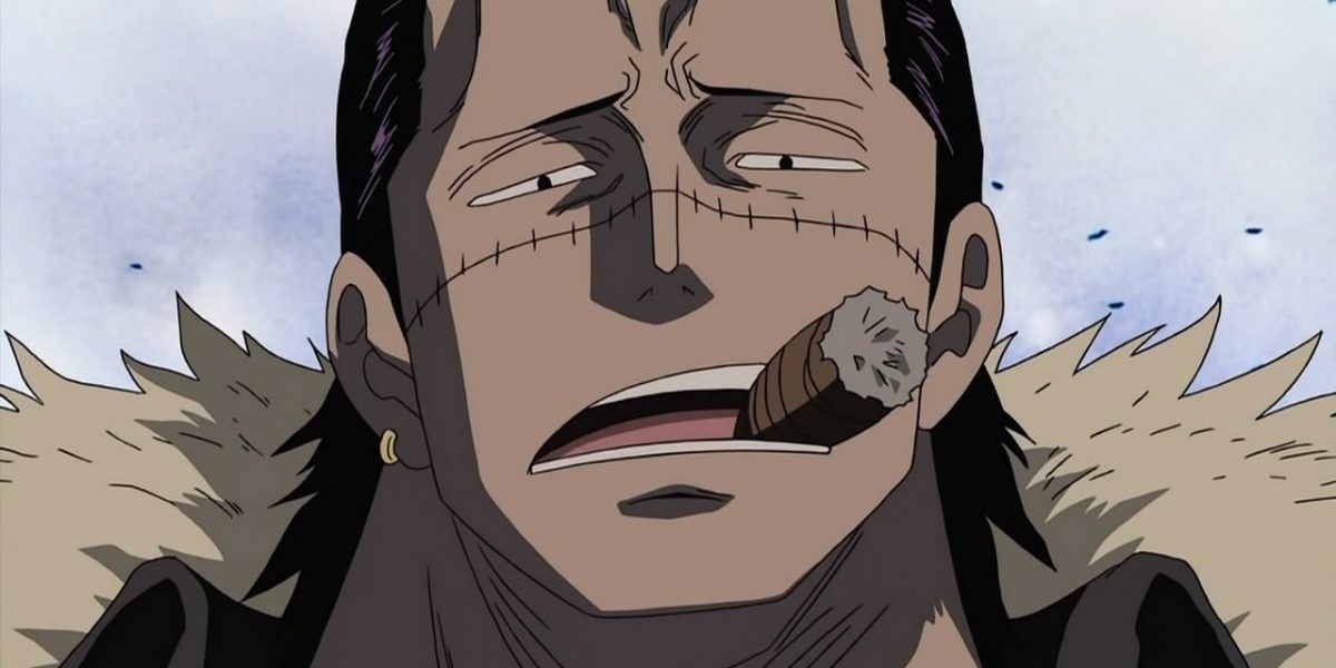 A close-up of Crocodile from One Piece, who has a groaning expression