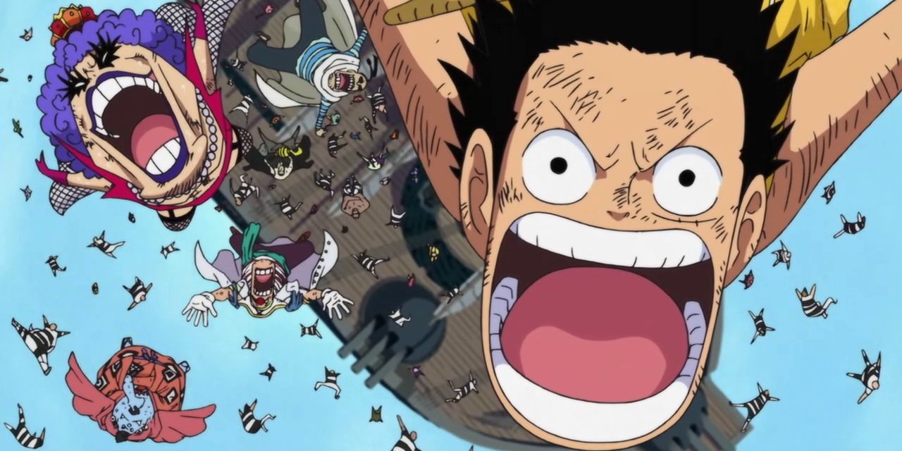 Luffy and his allies fall from the sky into Marineford
