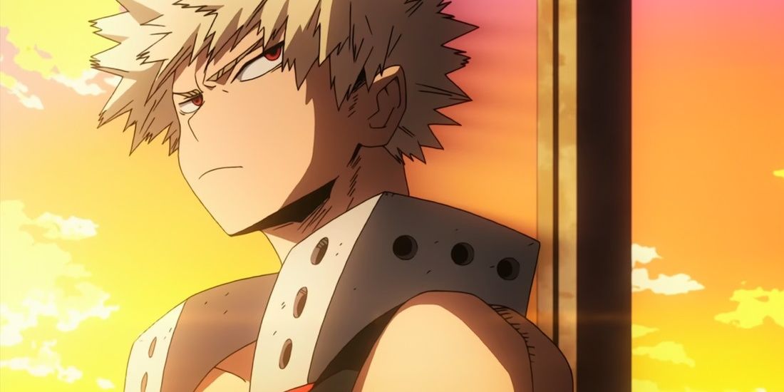 Bakugo in My Hero Academia in front of a sunset.