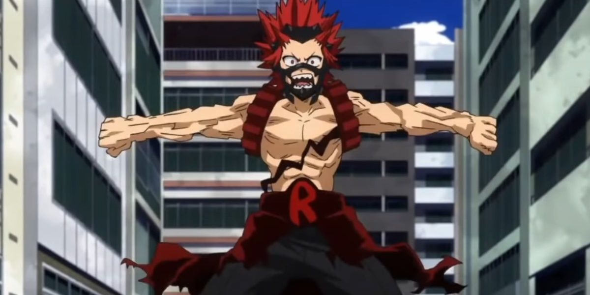 Eijiro Kirishima fighting as Red Riot in My Hero Academia.