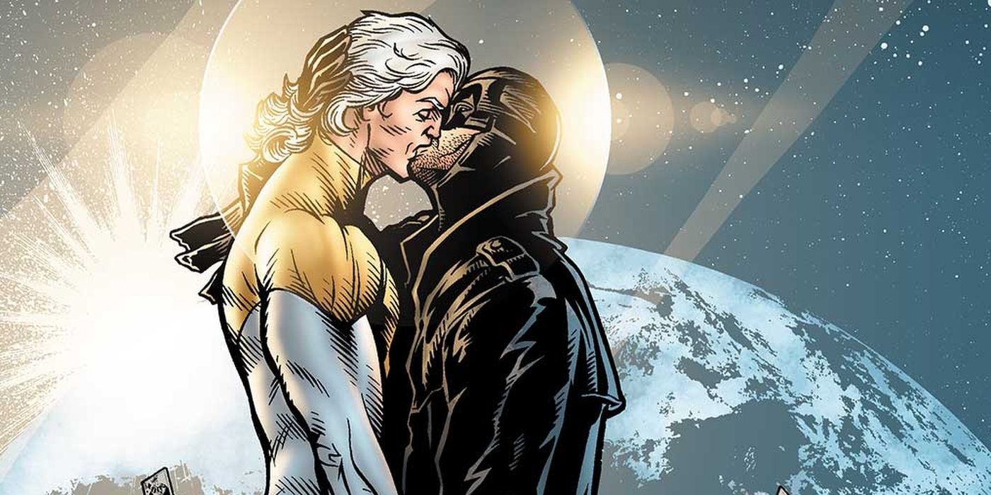 Midnighter and Apollo kissing with the Earth behind them