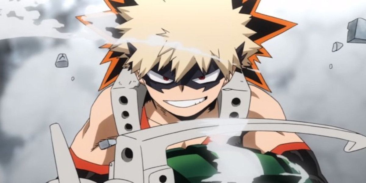 Bakugo smiling in front of exploded debris in My Hero Academia.