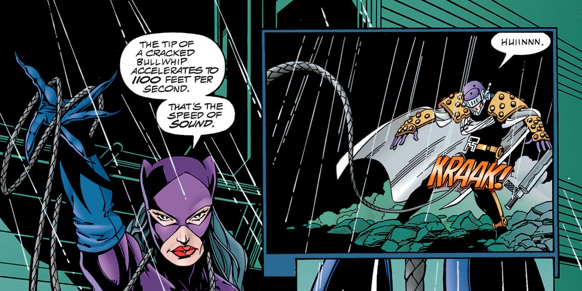 DC's Catwoman hits Prometheus in the crotch with her whip. 
