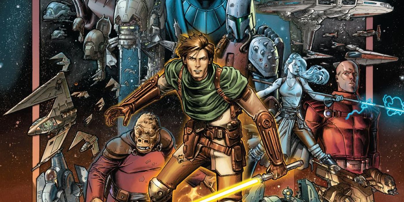 Arte da capa dos quadrinhos da série Star Wars: Knights of the Old Republic apresentando uma colagem do elenco principal.