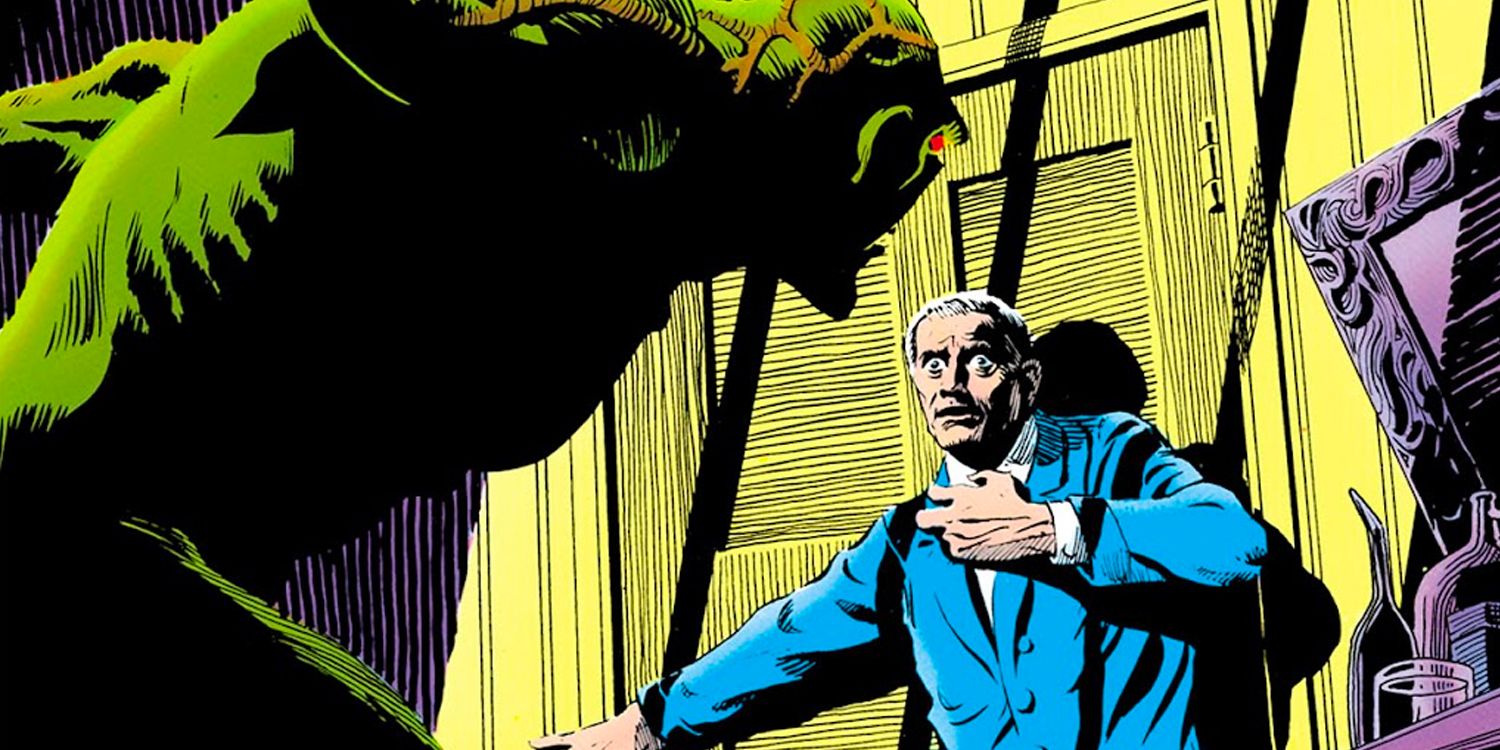 The Swamp Thing menaces a rich old man in DC Comics
