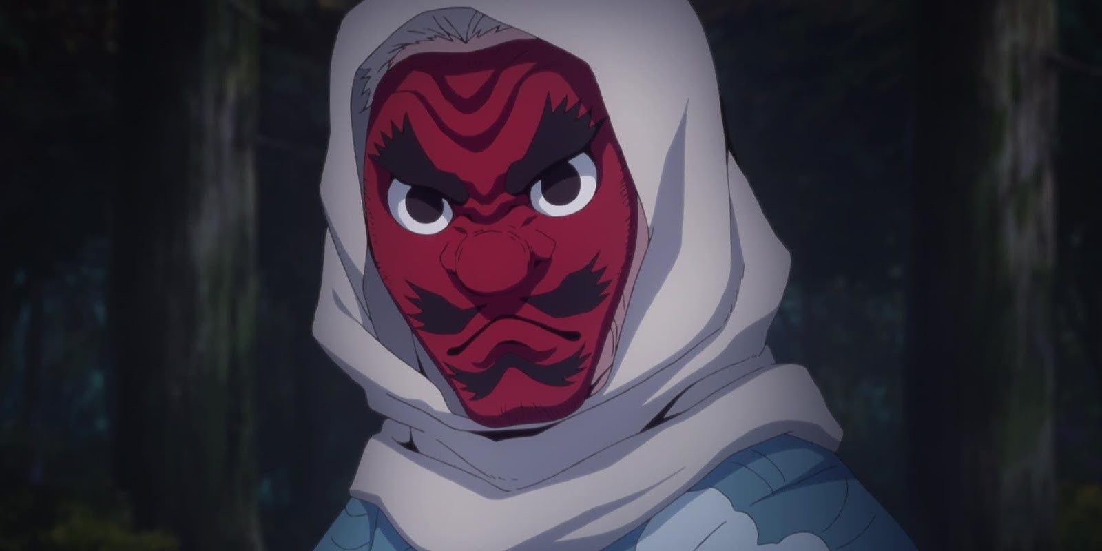 Sakonji from Demon Slayer wearing a scowling mask.