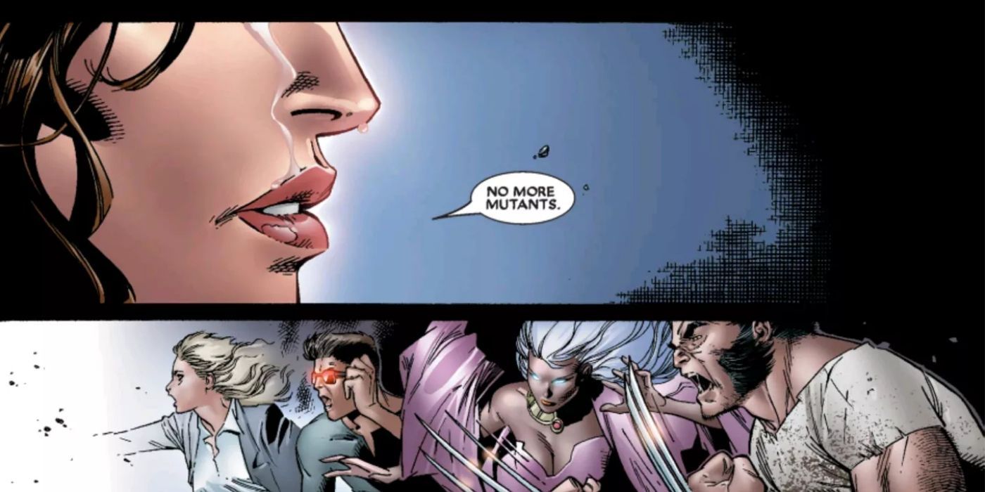 Feiticeira Escarlate lançando No More Mutants durante House of M.