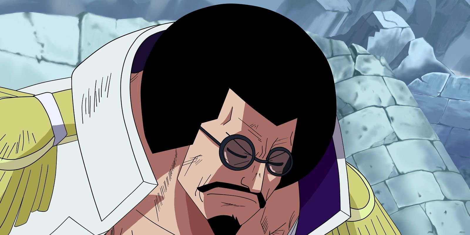 Sengoku concentrating during the Marineford arc in One Piece.