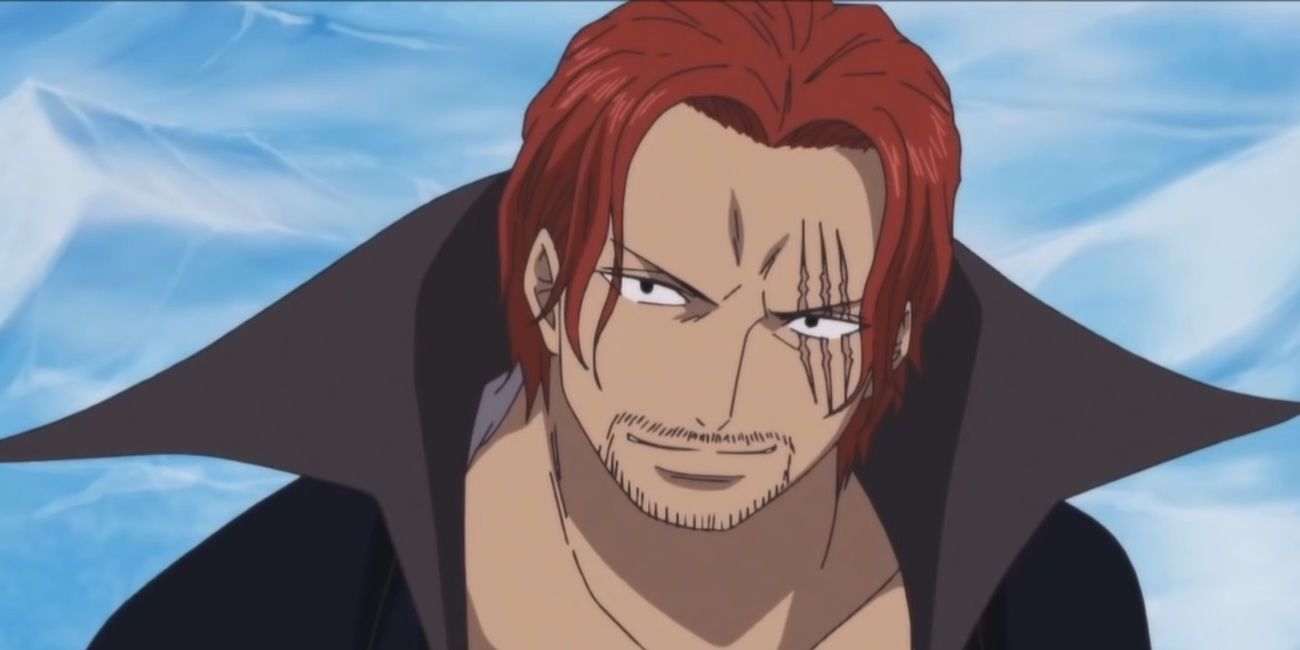 Shanks smiles at Buggy at Marineford in One Piece.