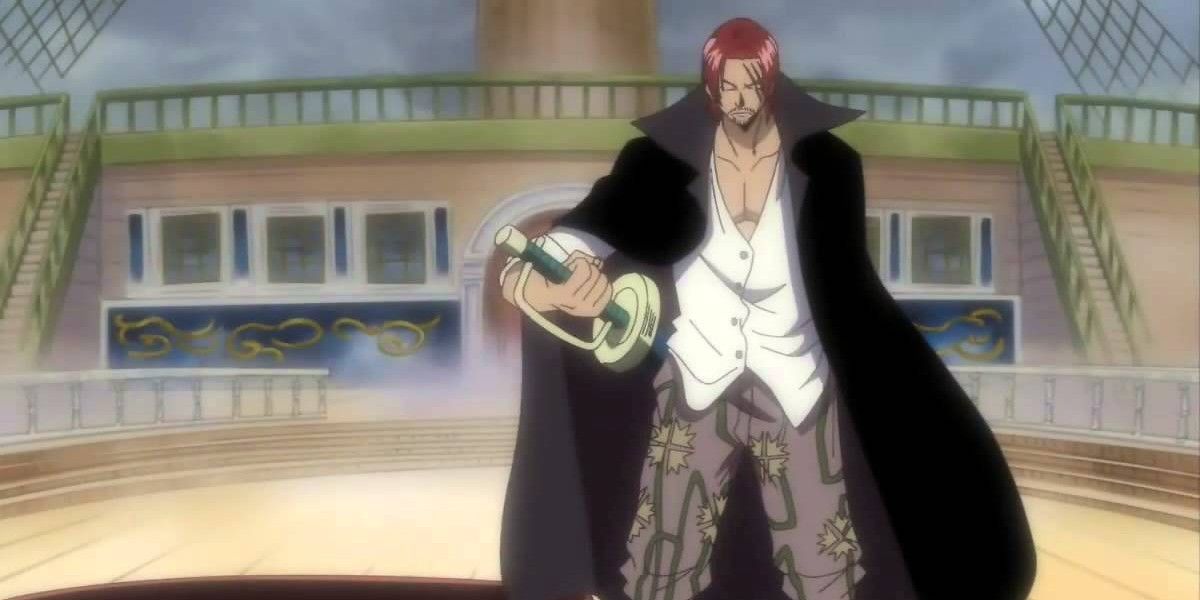 Shanks the Red-Haired Pirate talking the Edward Newgate in One Piece pre-timeskip