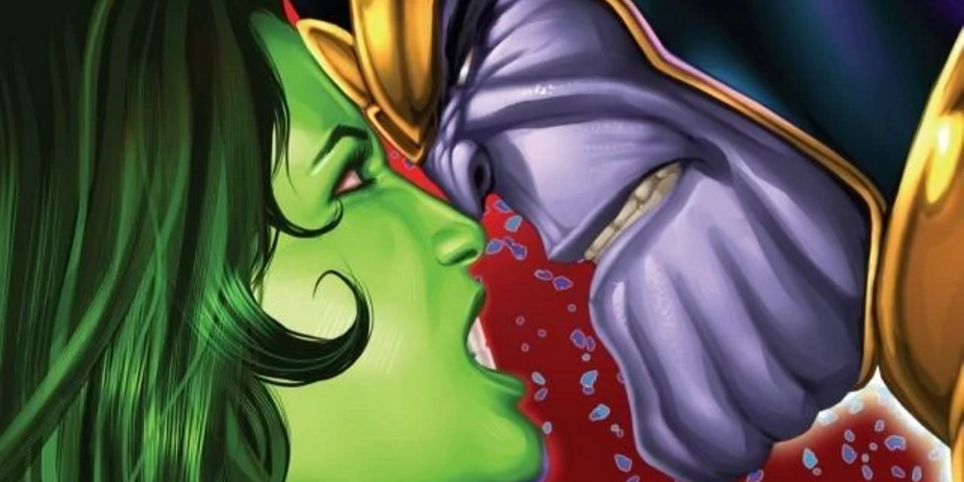 She-Hulk and Thanos are nose to nose in the Marvel Comic panel
