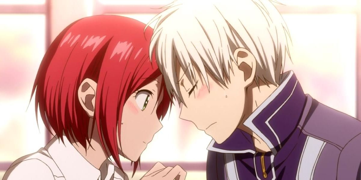 Shirayuki and Zen from Snow White With The Red Hair with their foreheads pressed together