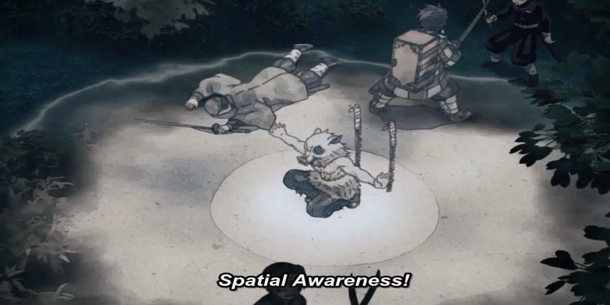 Inosuke utilise la conscience spatiale dans l'anime Demon Slayer