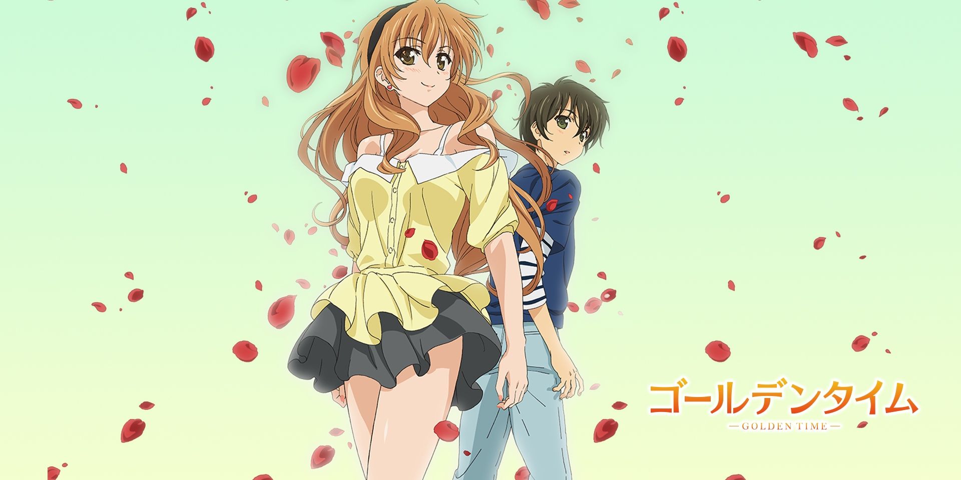 A Golden Time promo image shows leaves falling around Banri Tada and Koko Kaga