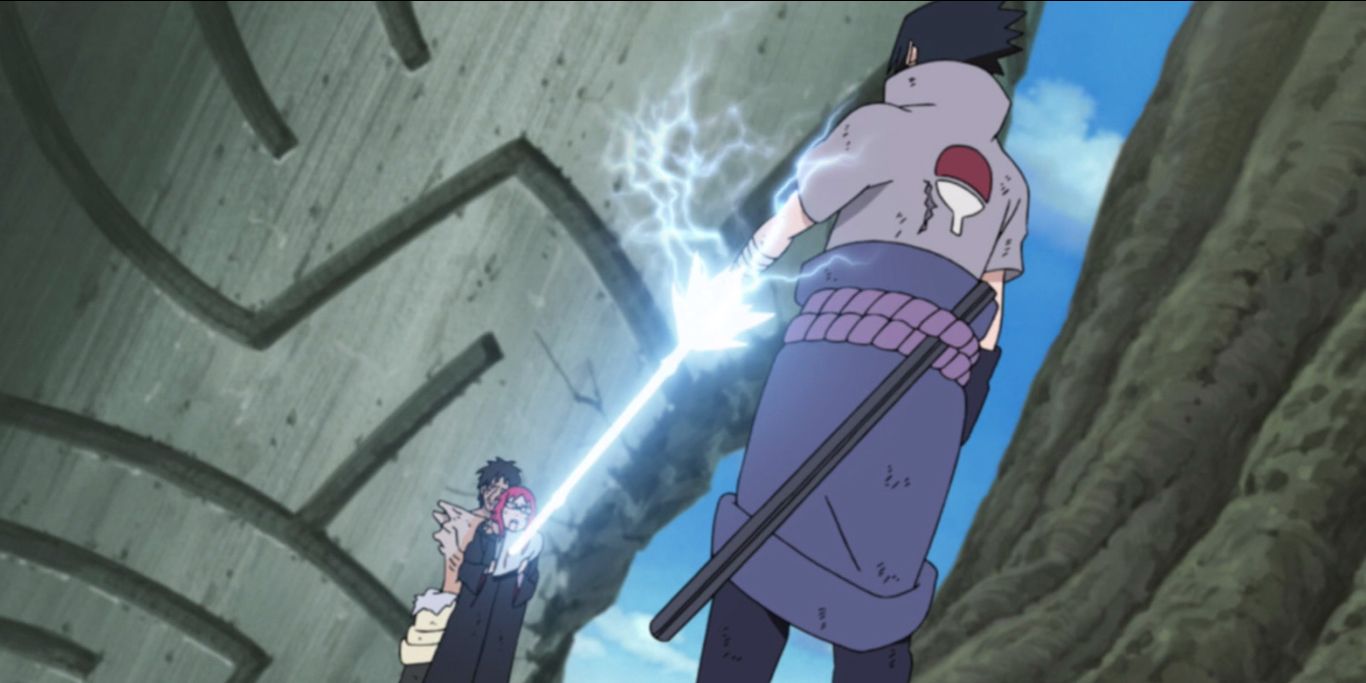 Sasuke uses a lightning jutsu to kill Karin and Danzo