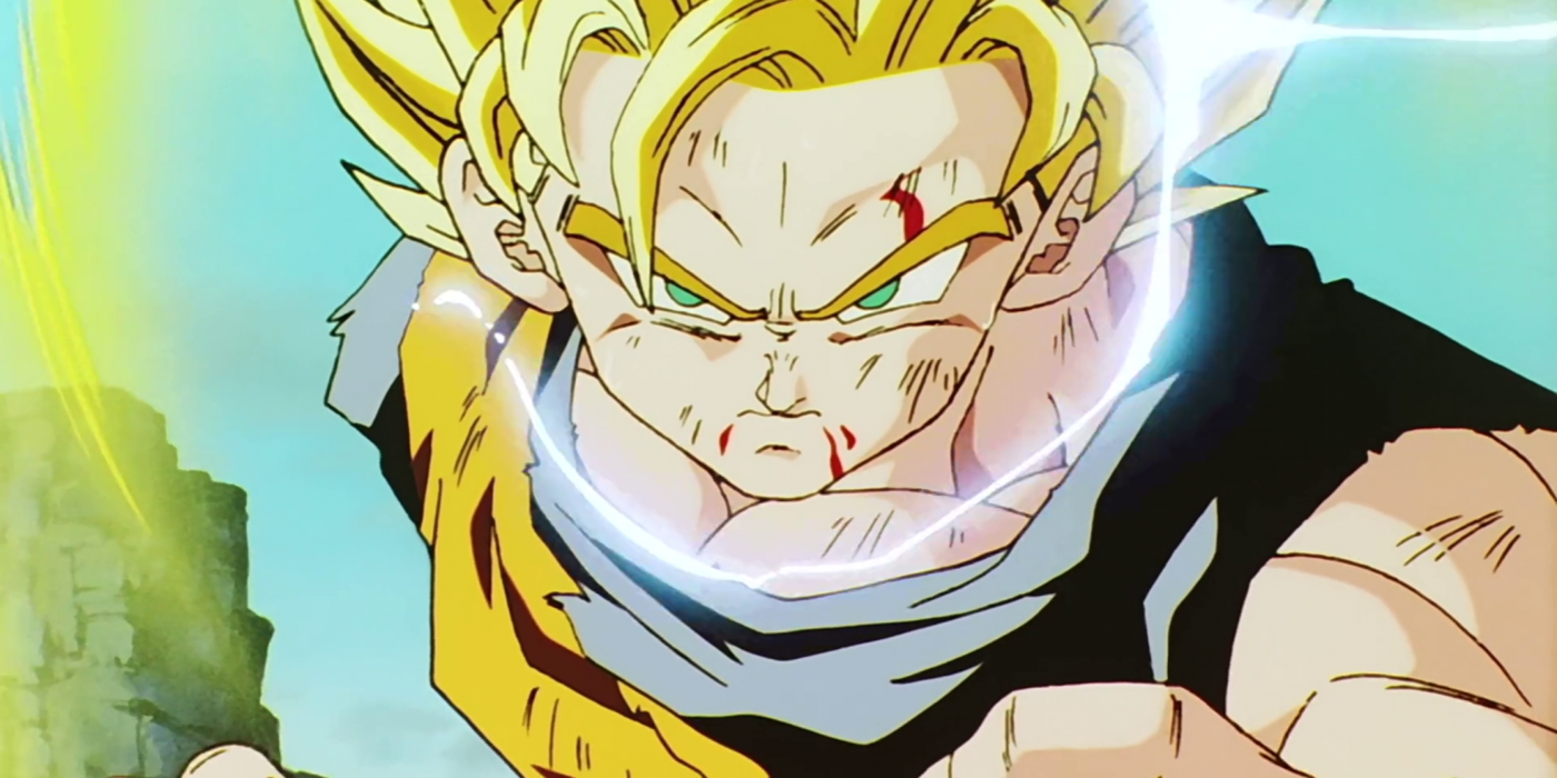 Goku showcasing his Super Saiyan 2 transformation in Dragon Ball Z