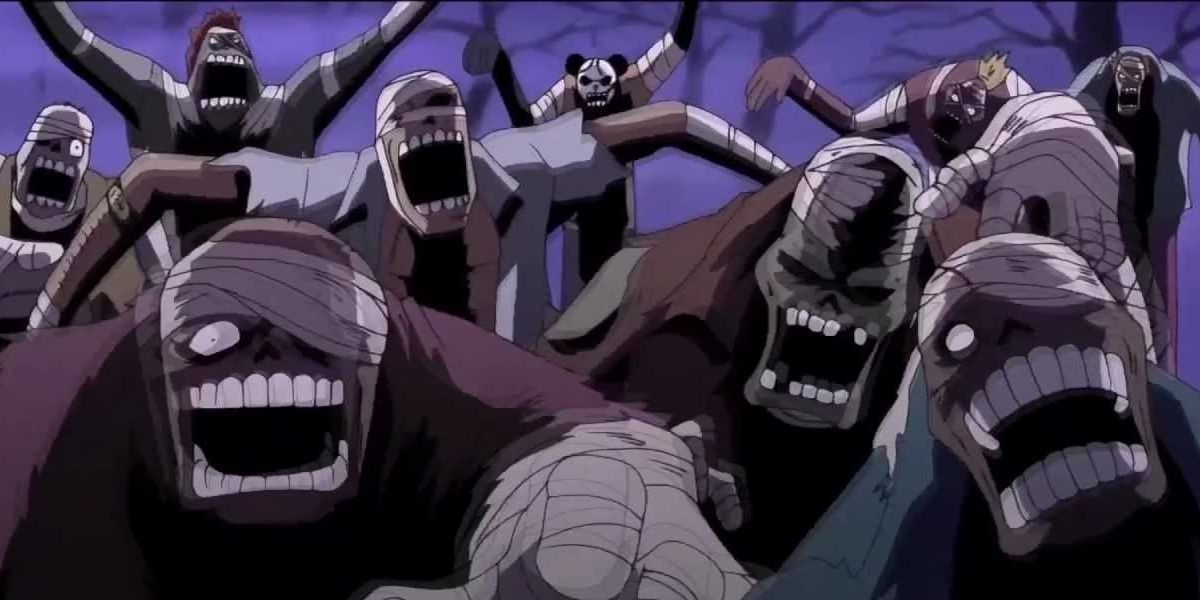 Several of the zombies that form the Thriller Bark Pirates charging off-screen in One Piece