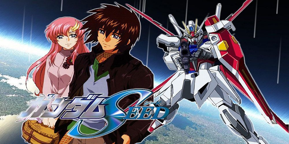 Gundam Seed title screen with two characters and a mecha.