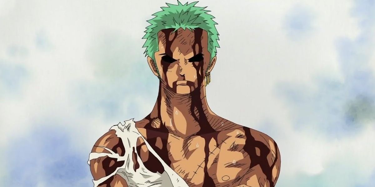 Zoro wounded with his shirt torn in One Piece