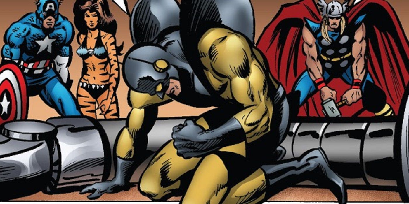Marvel Comics' Hank Pym having a breakdown as Yellowjacket in front of the Avengers 