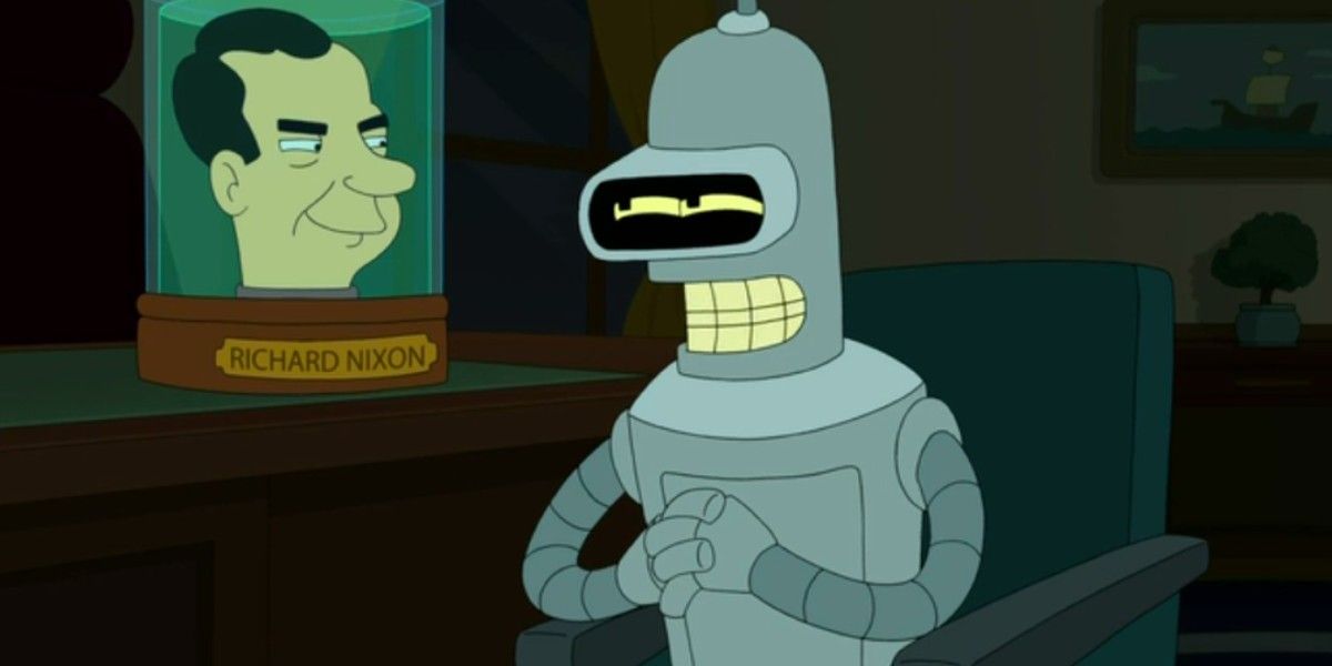 Bender plotting with Nixon on Futurama
