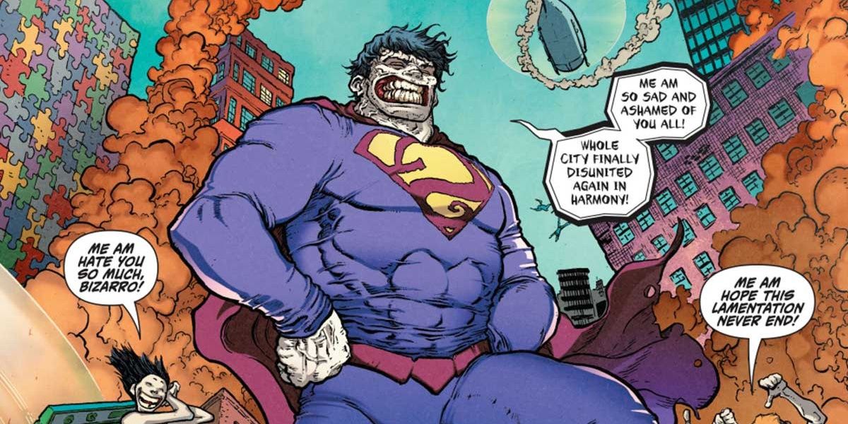 The evil Superman Bizarro is adored by the other Bizarro people in DC Comics