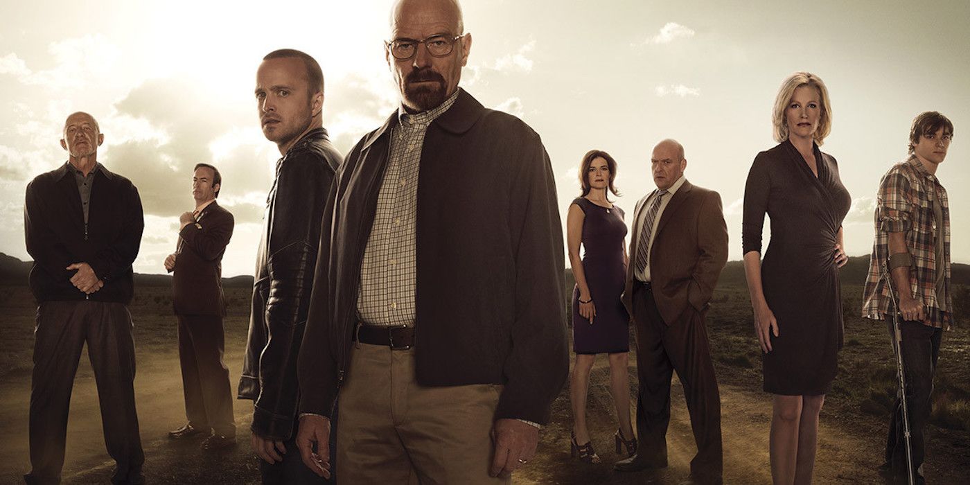 The cast of Breaking Bad standing together in the desert