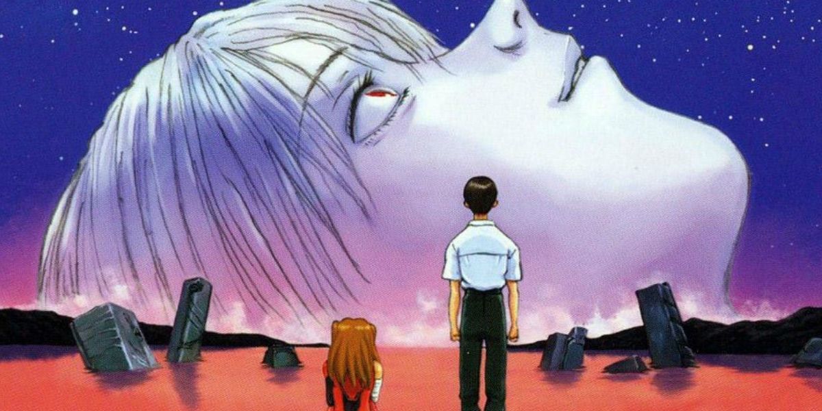 End of Evangelion cover - Asuka and Shinji looking at Kaworu's giant head across a red sea