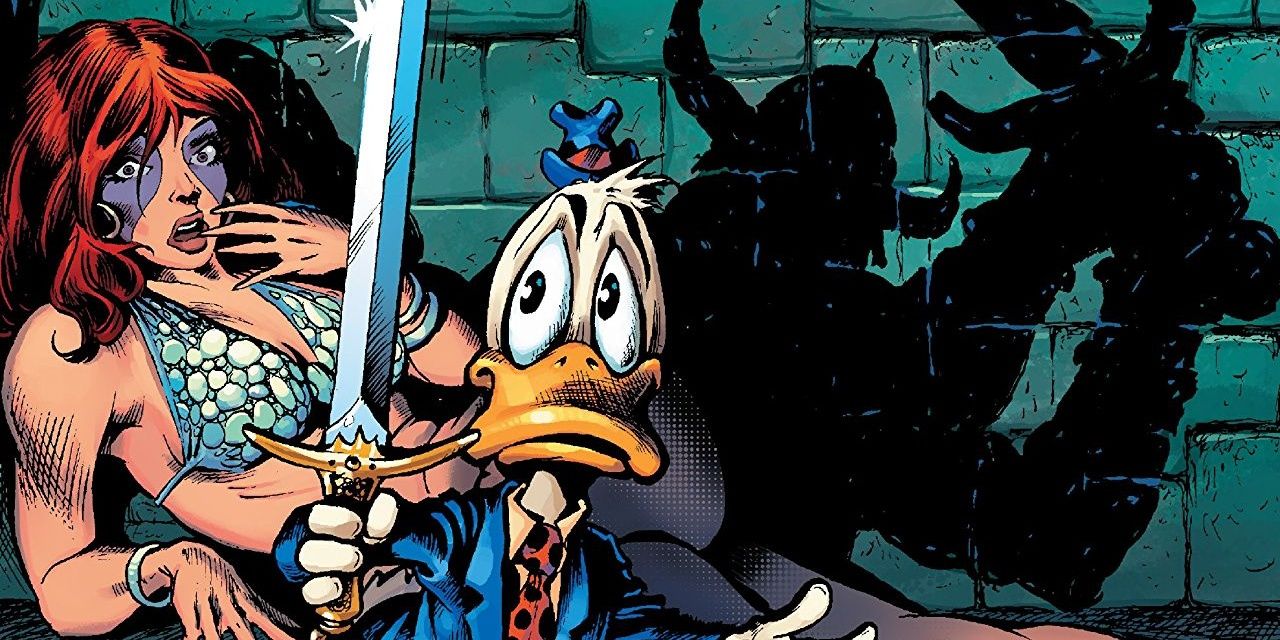 An image of Howard the Duck fearfully holding a sword to defend a woman behind him in Marvel Comics