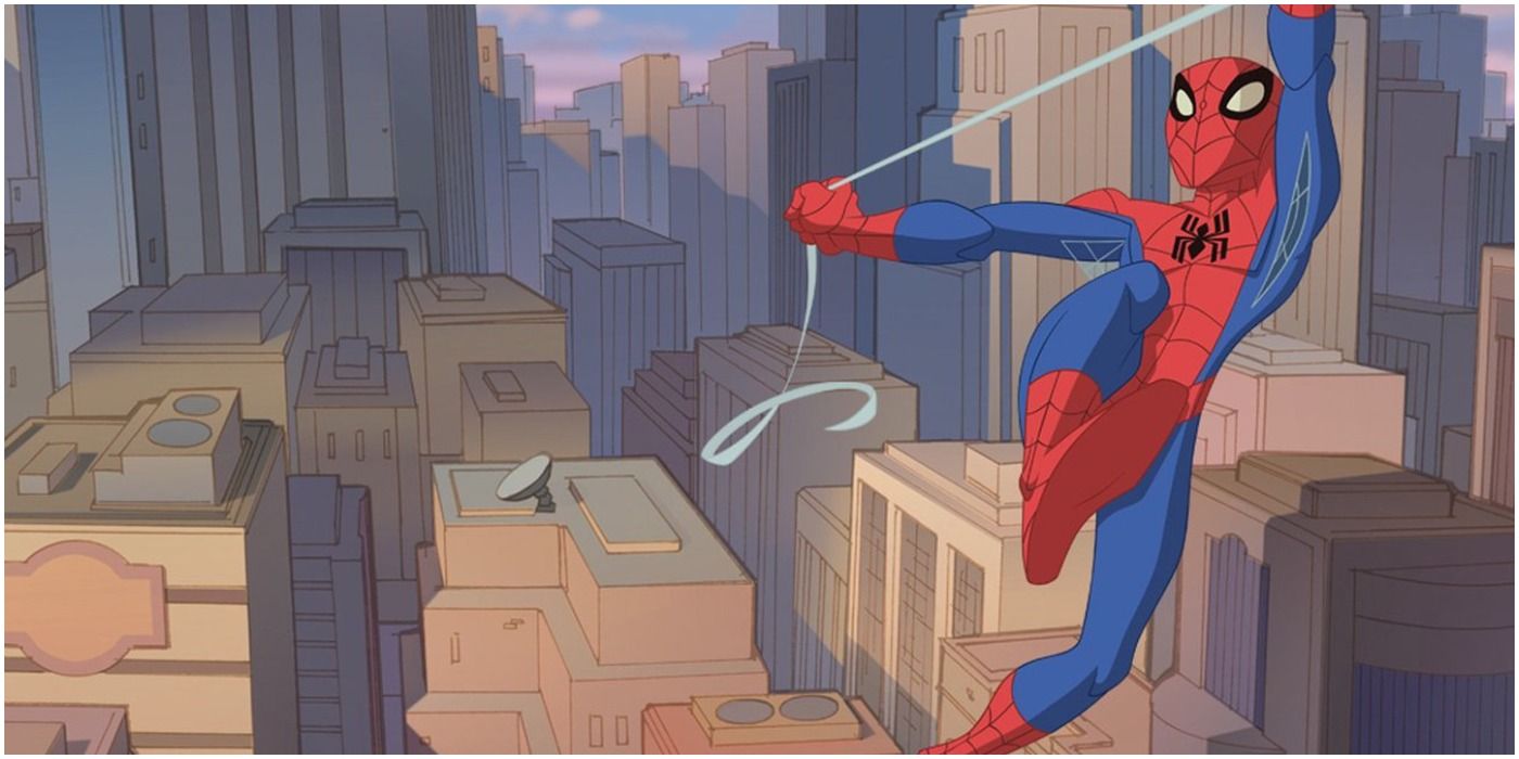 Peter Parker as Spider-Man swinging around the streets of New York