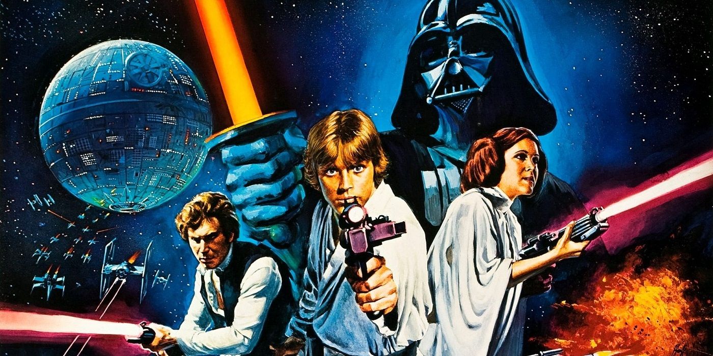 A poster for Star Wars: A New Hope shows the Empire's forces loom behind Luke, Han Solo and Leia
