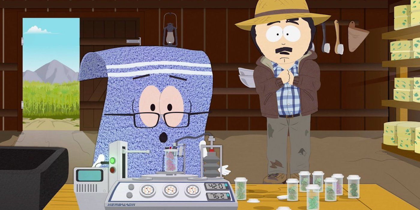 Towelie concocts a formula at Tegridy Farms in South Park