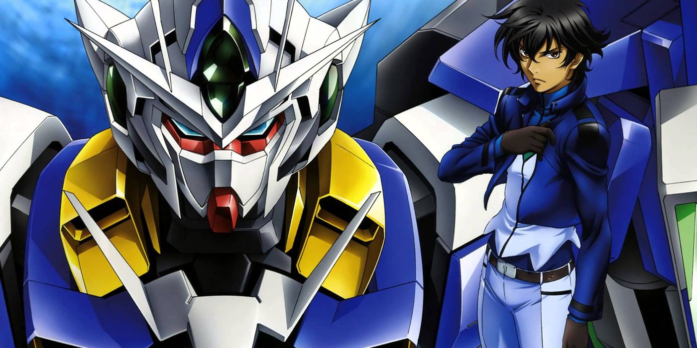 Setsuna posing beside his Exia Gundam from the Gundam 00 anime