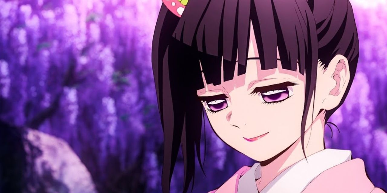 Kanao Tsuyuri against purple-lit trees with her eyes cast down.