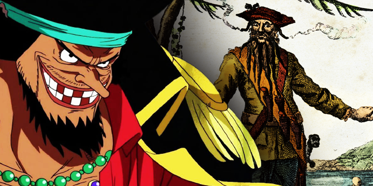 One Piece's Blackbeard against an image of the historical blackbeard