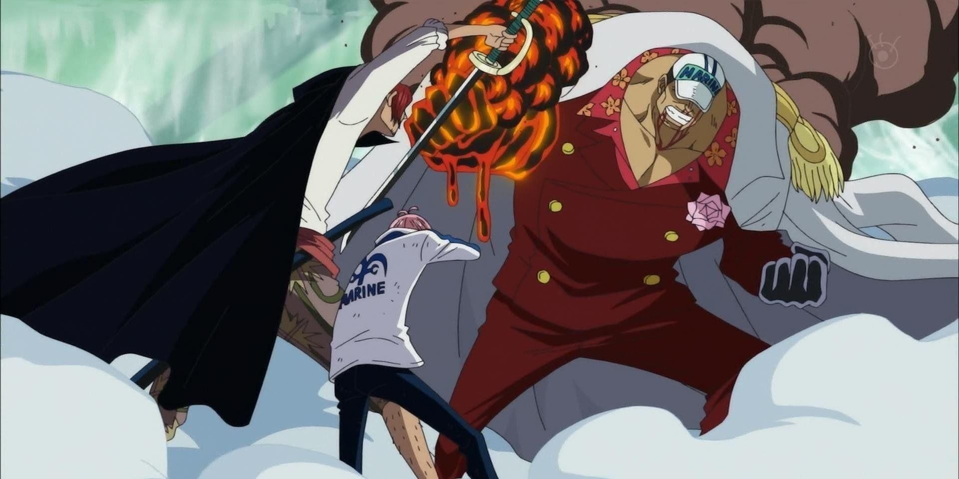 Shanks saves the young Marine, Coby, from being demolished by Admiral Akainu during One Piece's Summit War