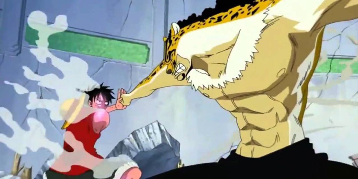 Luffy squaring off with Rob Lucci in Enies Lobby in One Piece.