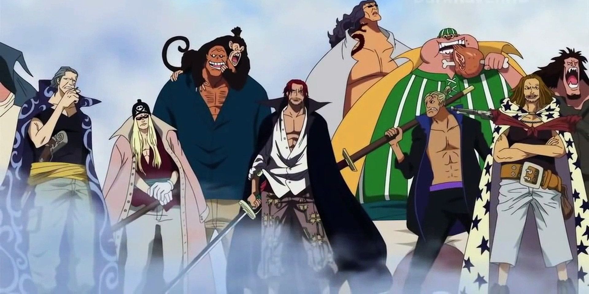 Shanks with the entire Red Hair Pirates crew during One Piece's Marineford arc.