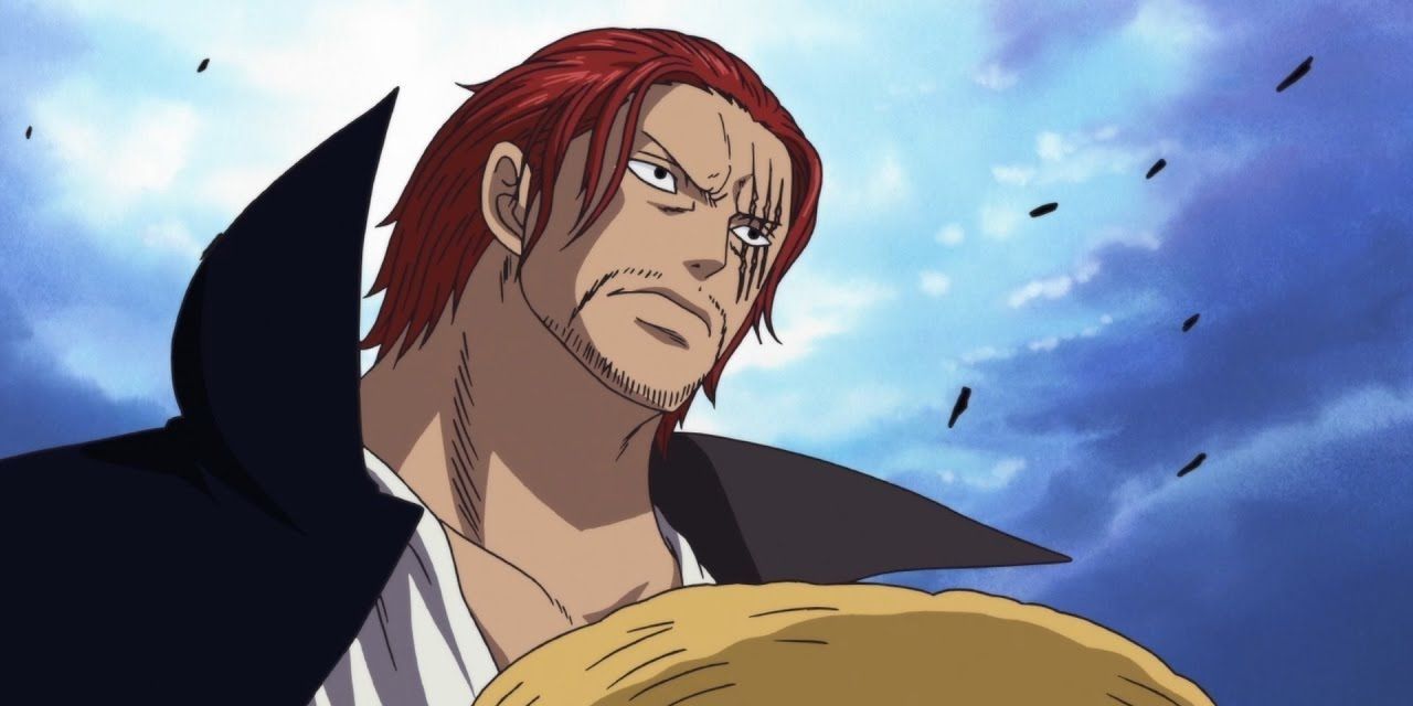 Shanks holding the straw hat and putting an end to the Summit War during One Piece' Marineford arc